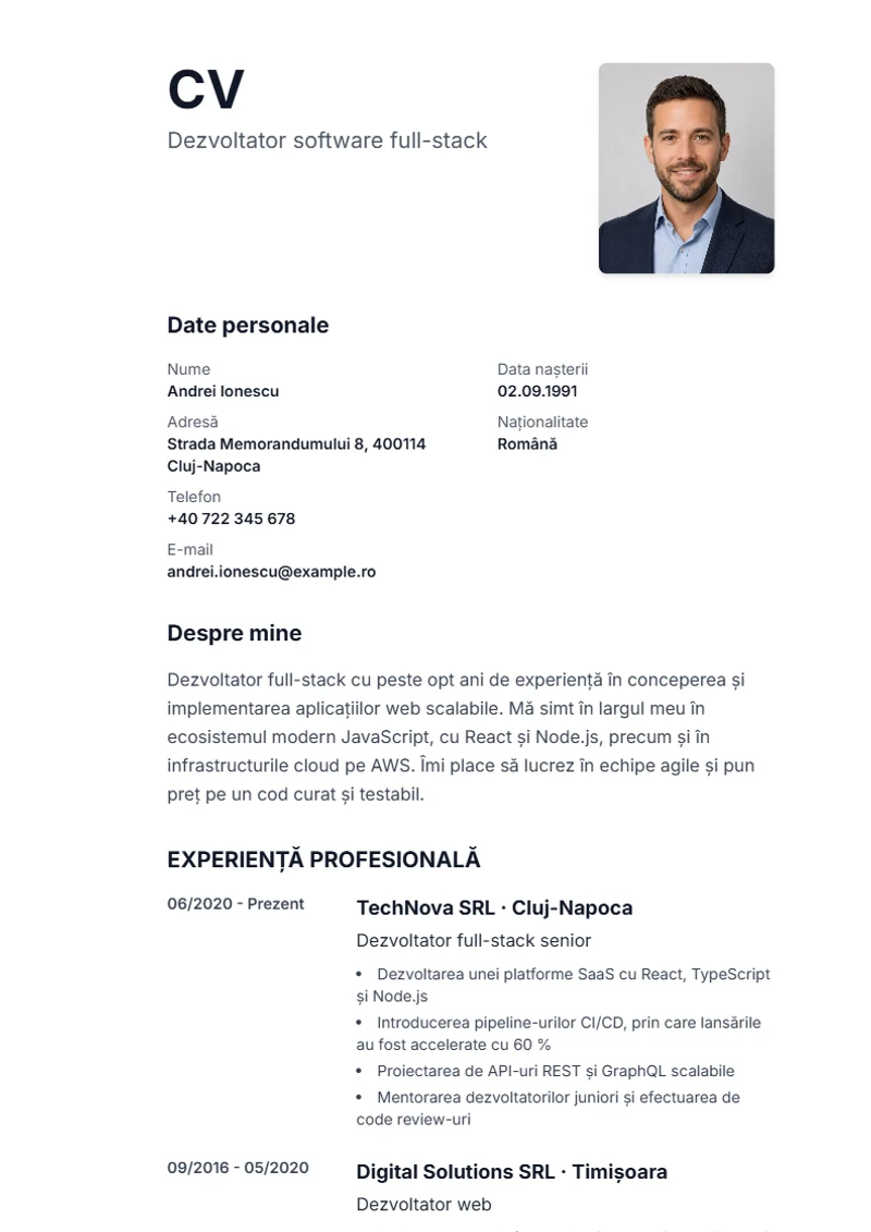 Model de CV Sidebar – exemplu