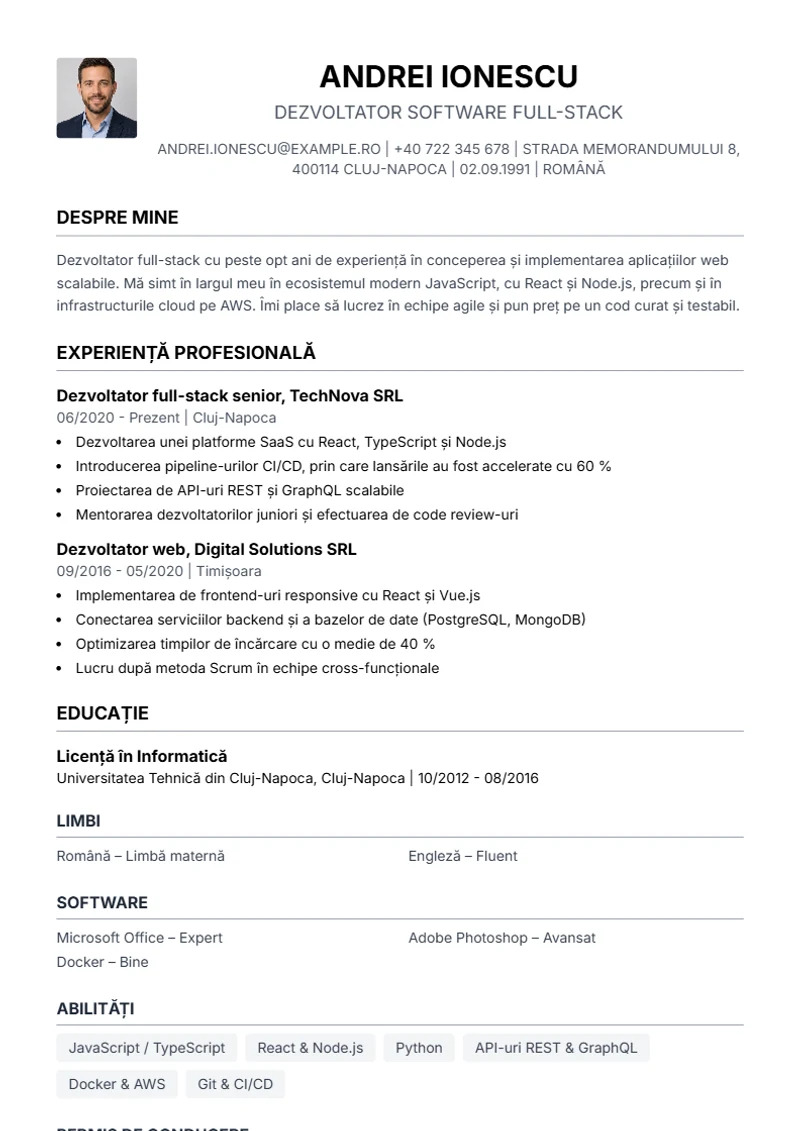 Model de CV Simple – exemplu