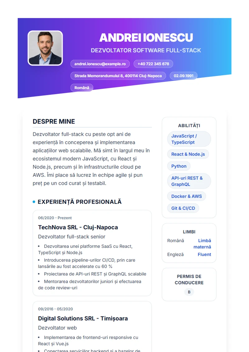Model de CV Slanted – exemplu