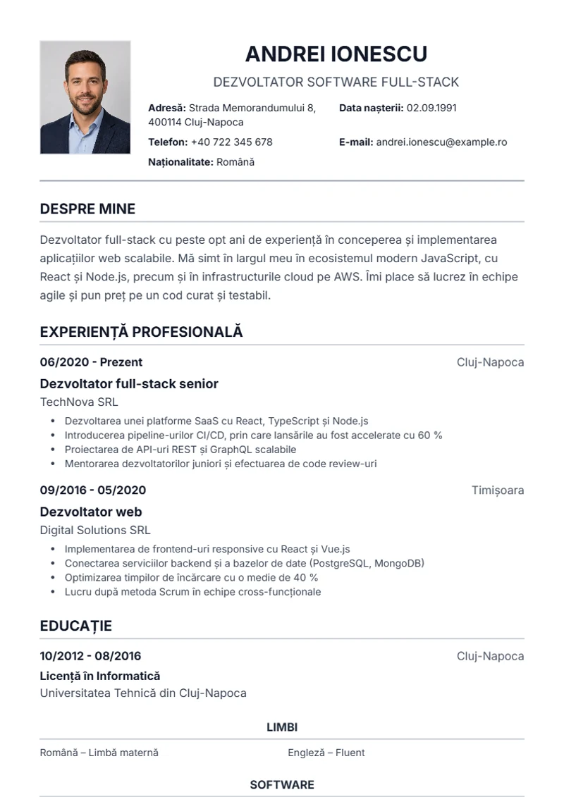 Model de CV Traditional – exemplu