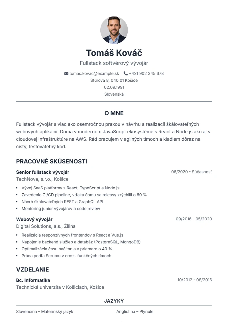 Šablóna životopisu Classic – ukážka