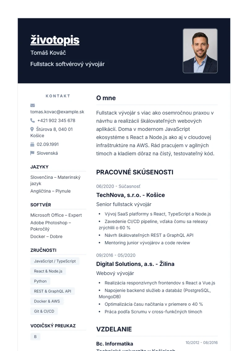 Šablóna životopisu Nova – ukážka