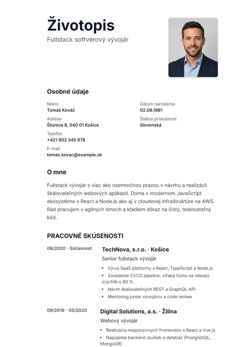 Šablóna životopisu Sidebar – ukážka