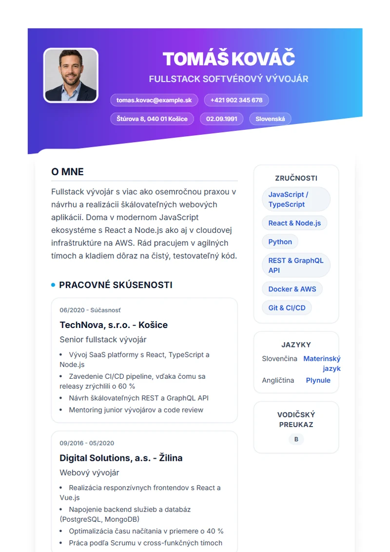 Šablóna životopisu Slanted – ukážka