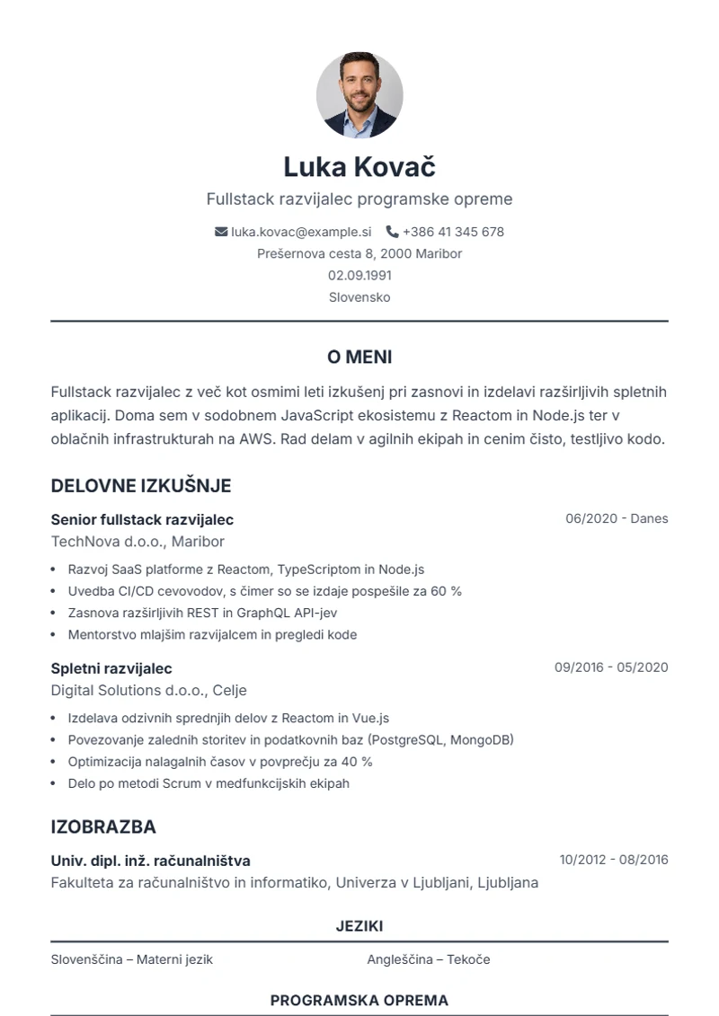 Predloga življenjepisa Classic – vzorec