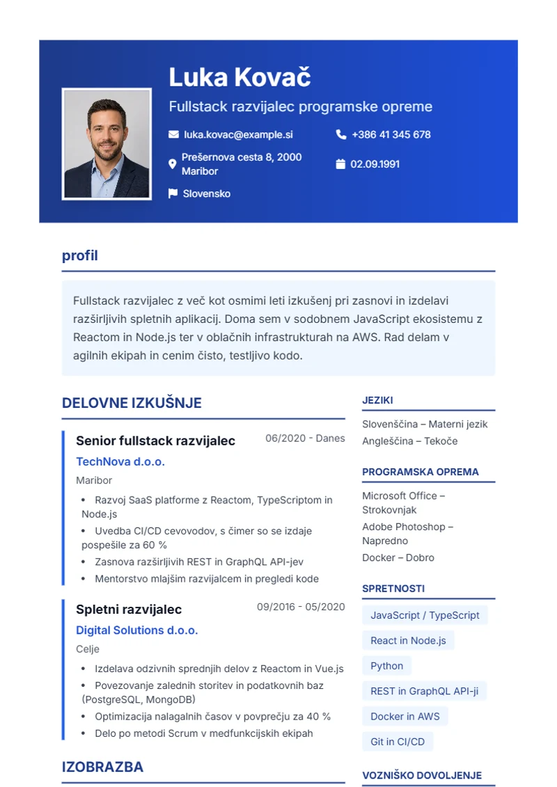 Predloga življenjepisa Corporate – vzorec