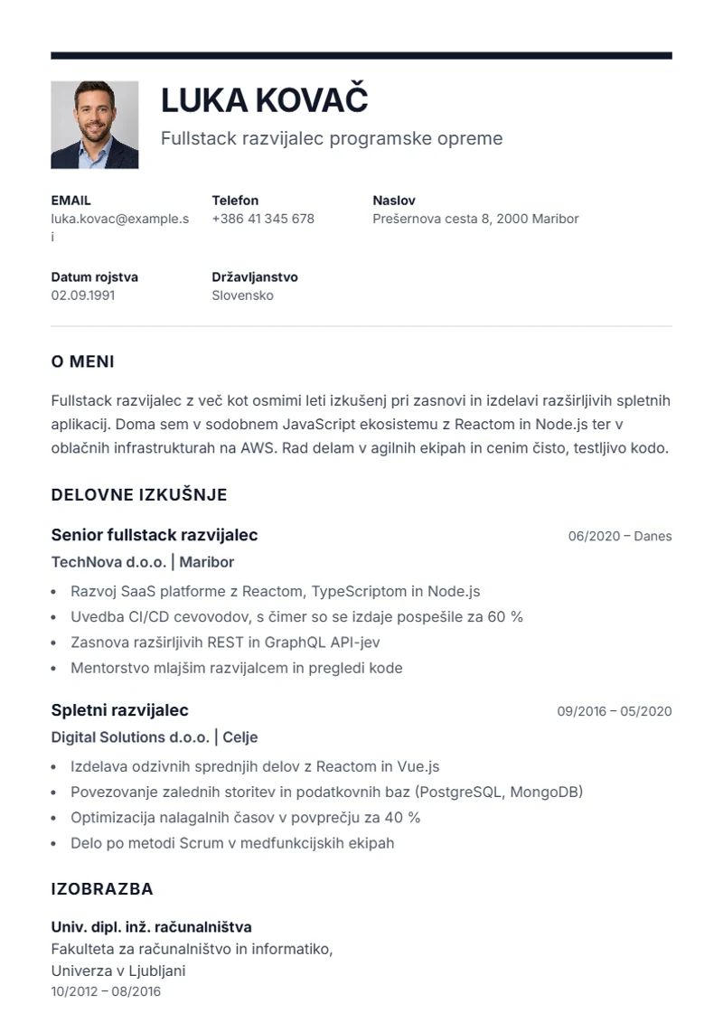 Predloga življenjepisa Executive – vzorec