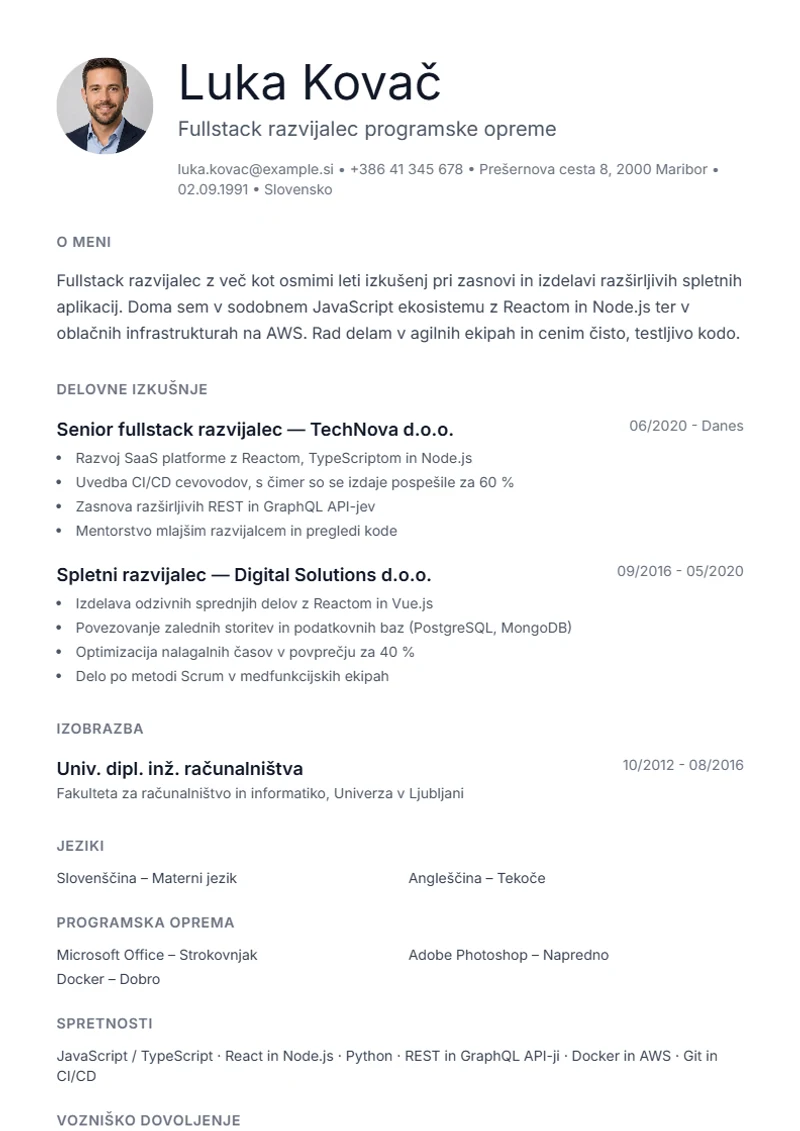 Predloga življenjepisa Minimal – vzorec