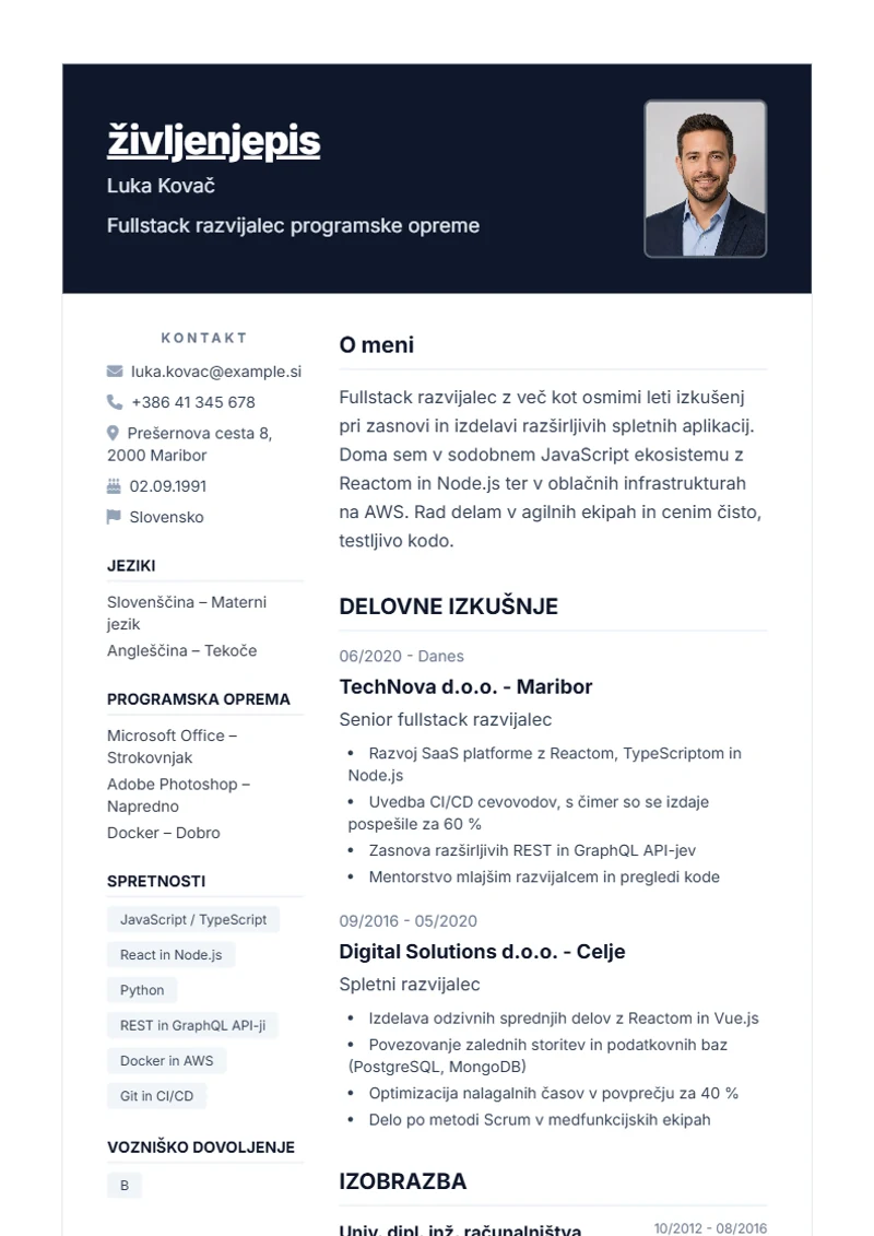 Predloga življenjepisa Nova – vzorec