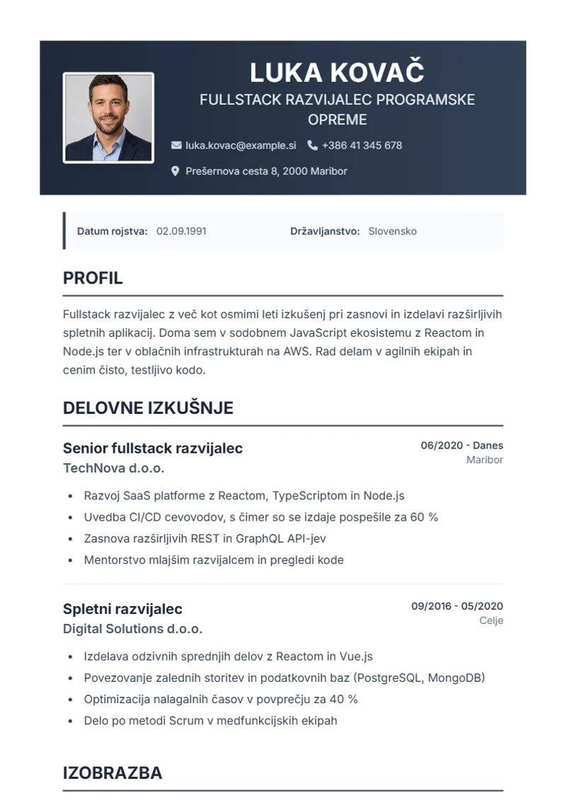 Predloga življenjepisa Profplus – vzorec