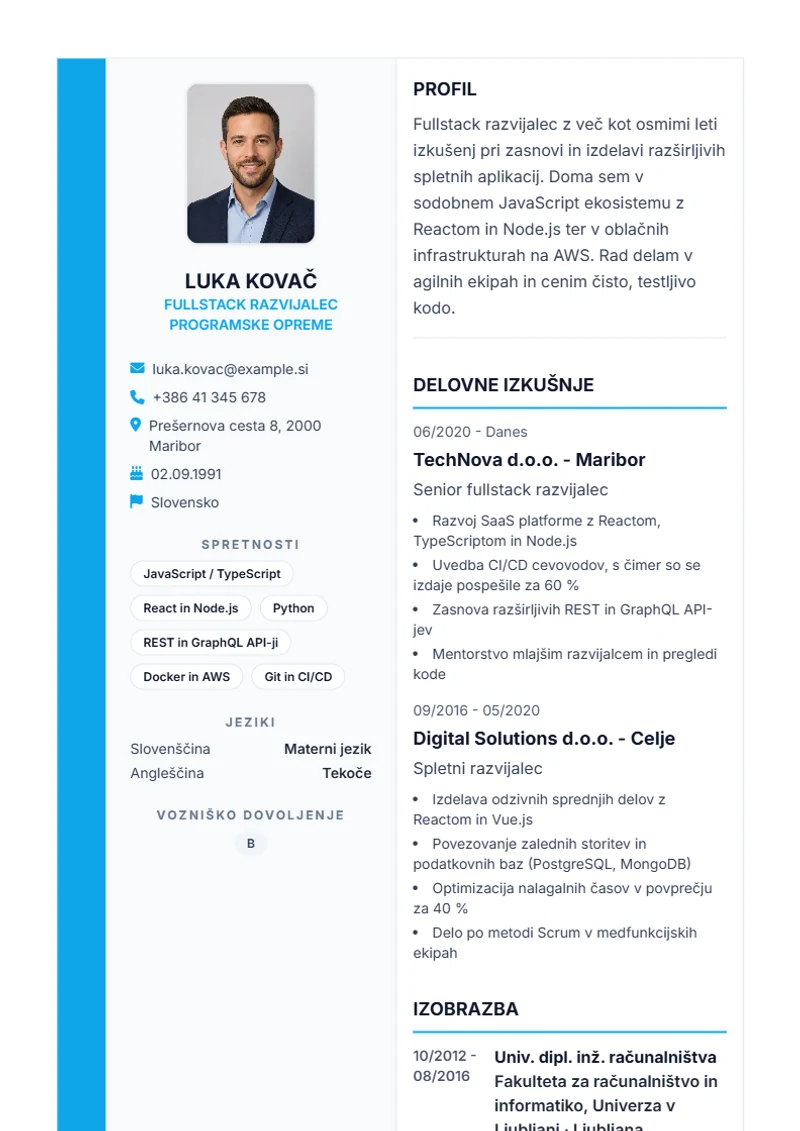Predloga življenjepisa Sidebar Pro – vzorec