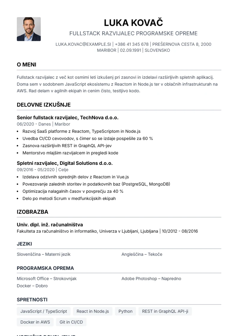 Predloga življenjepisa Simple – vzorec