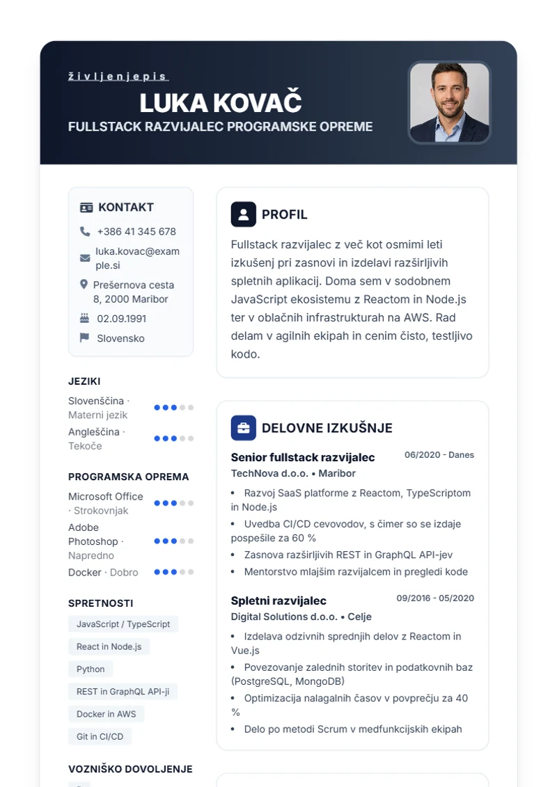 Predloga življenjepisa Trust – vzorec