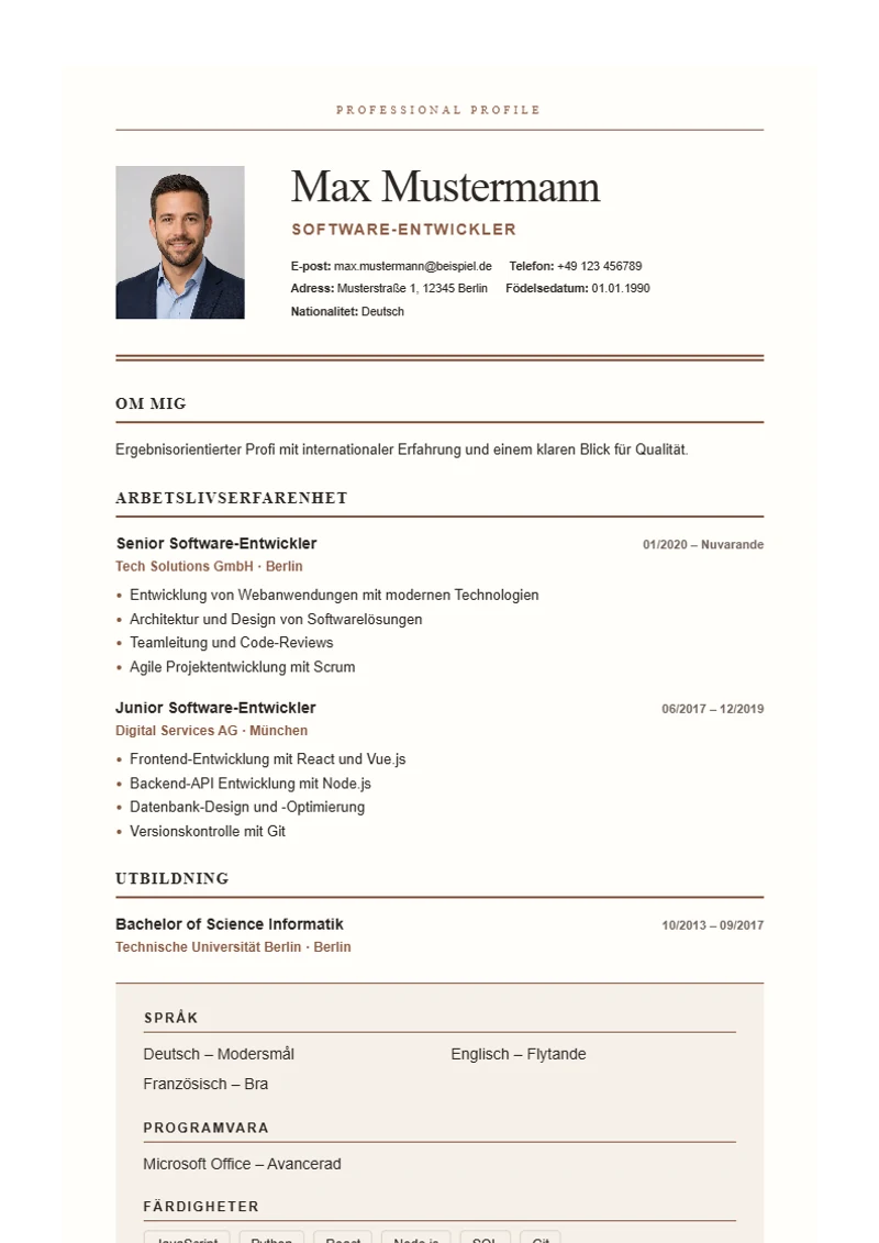 CV-mall Editorial Serif – exempel enligt DIN 5008