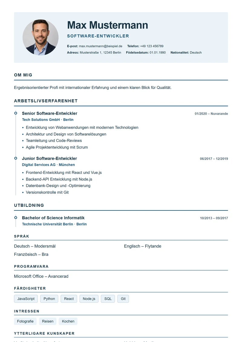 CV-mall European Timeline – exempel enligt DIN 5008