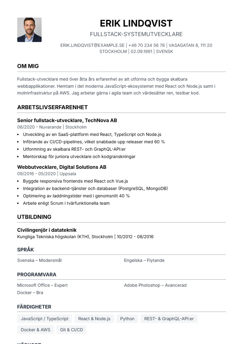 CV-mall Simple – exempel enligt DIN 5008