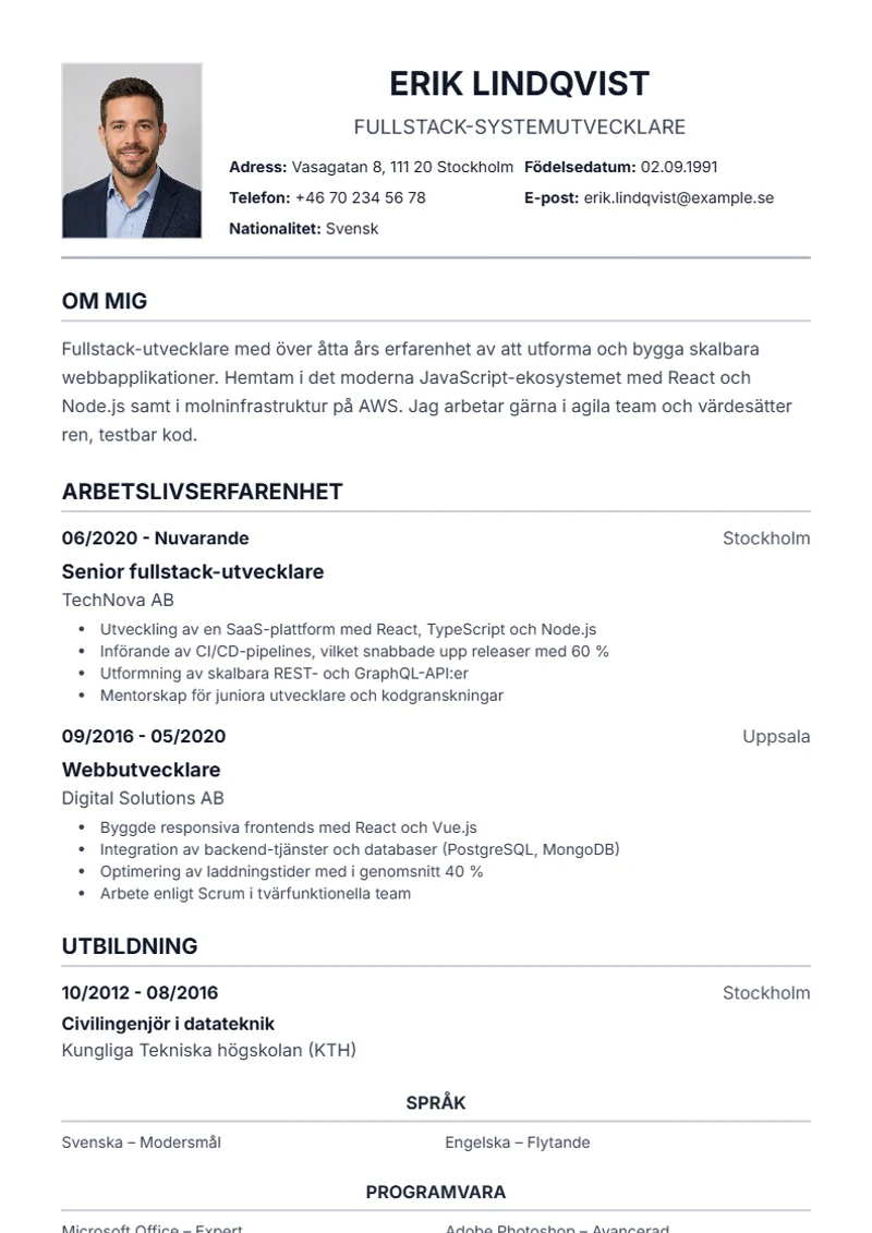 CV-mall Traditional – exempel enligt DIN 5008